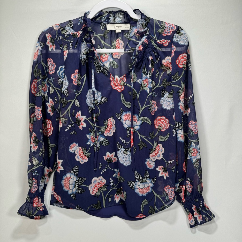 NWT New Ann Taylor Loft Floral Ruffle Tie Neck Blouse XSP XS Petite Shirt Top